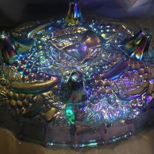 Vintage Indiana Blue Iridescent Carnival Glass Footed Oval Center Fruit Bowl